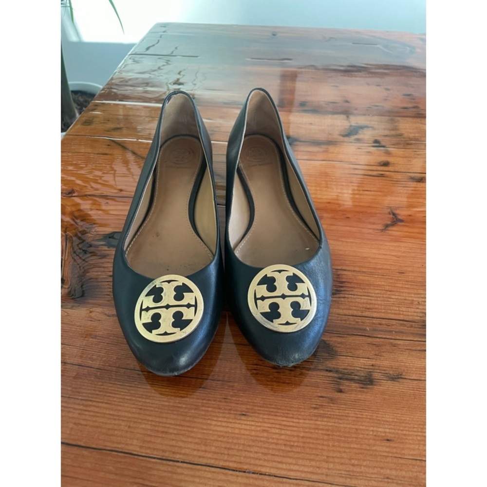 Tory Burch Black and Gold Flats with Signature Logo